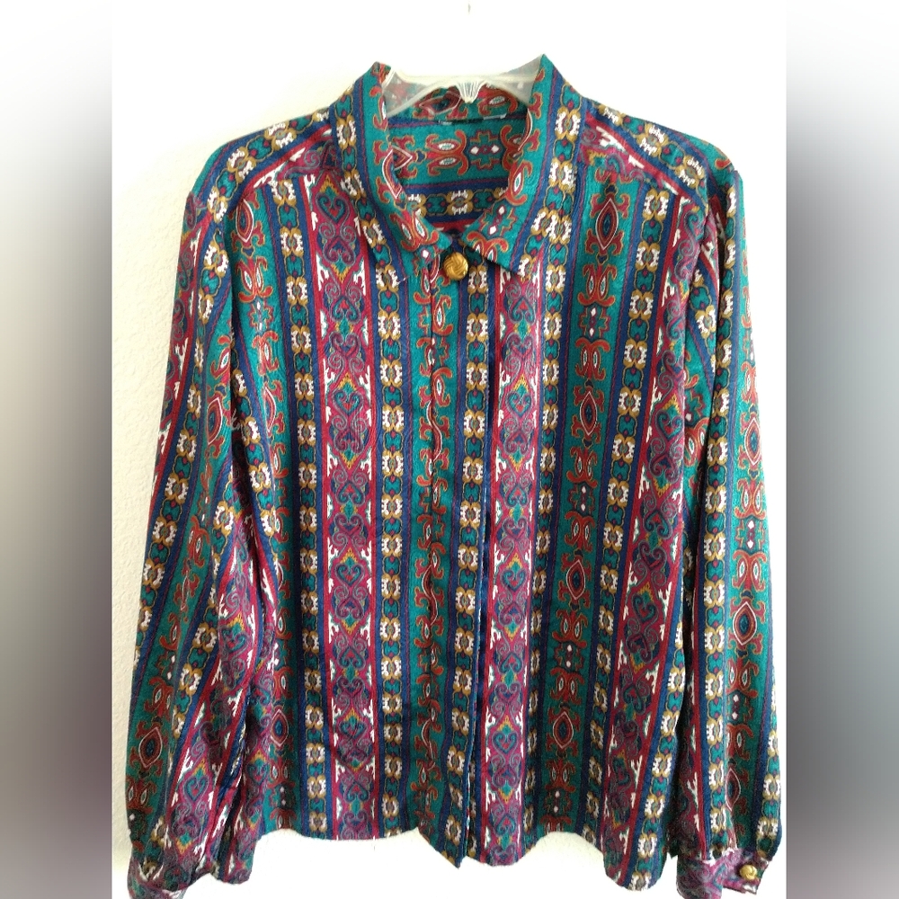 Pretty Vintage Blouse Colorful Geometric Print with a Sheen 90s Y2K Size Large